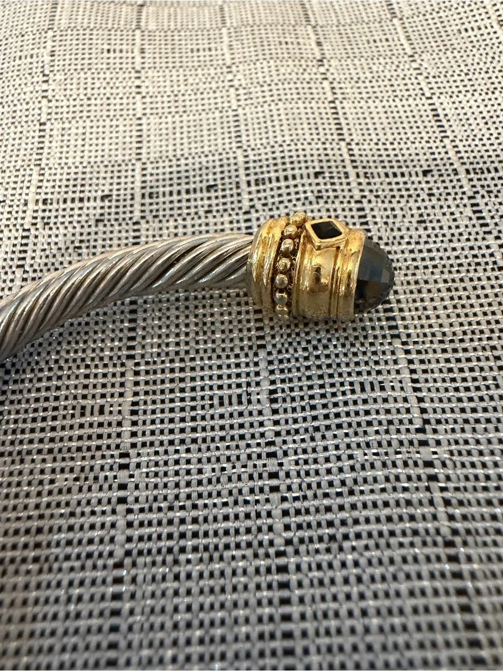 Silver-Tone Twisted Cuff Bracelet with Black Stone